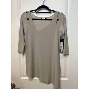 Sympli Women's Shoulder Cut Out Asymmetrical Neck & Hem Top Tan Size 6 /NWT